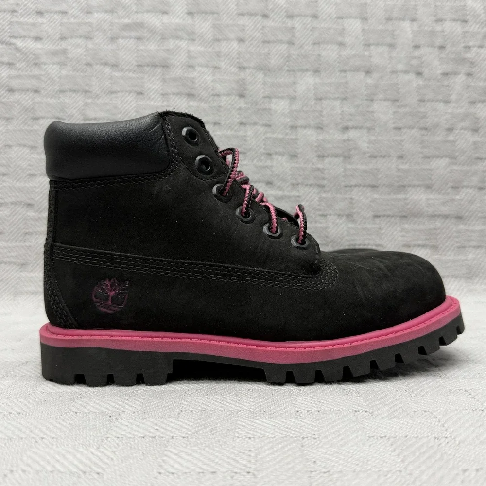 Timberland Combat Boots Girls Size 12 Black Pink Waterproof Nubuck Hearts A15M9